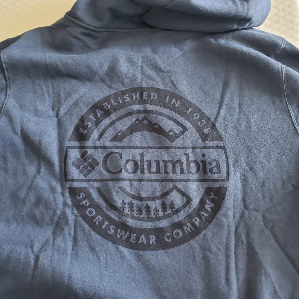 Columbia Men Tall Blue‎ Hoodie Trek Graphic XLT Dark Mountain Button Badge